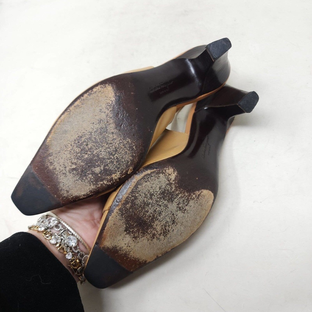 Salvatore Ferragamo Womens Heels Tan Leather Slingback Mule Horsebit Pumps 7.5 - Picture 6 of 12